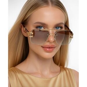 Designer Women Sunglasses Fashion Brown Lens Gold Frame Street Wear Modern New